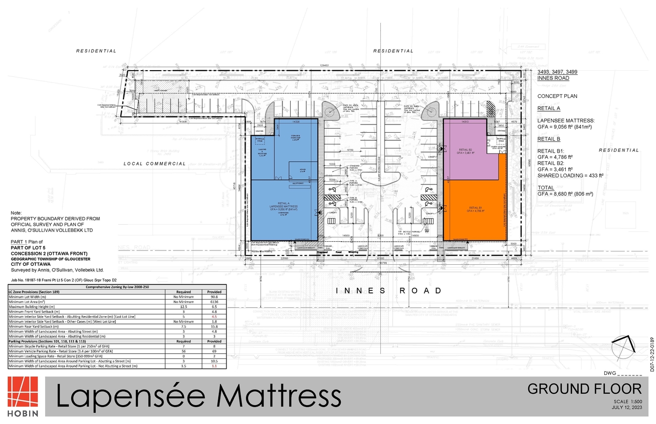 Construction site plan for project from page 2 of the file '2023-08-02 - Site & Floor Plans - D07-12-22-0189'
