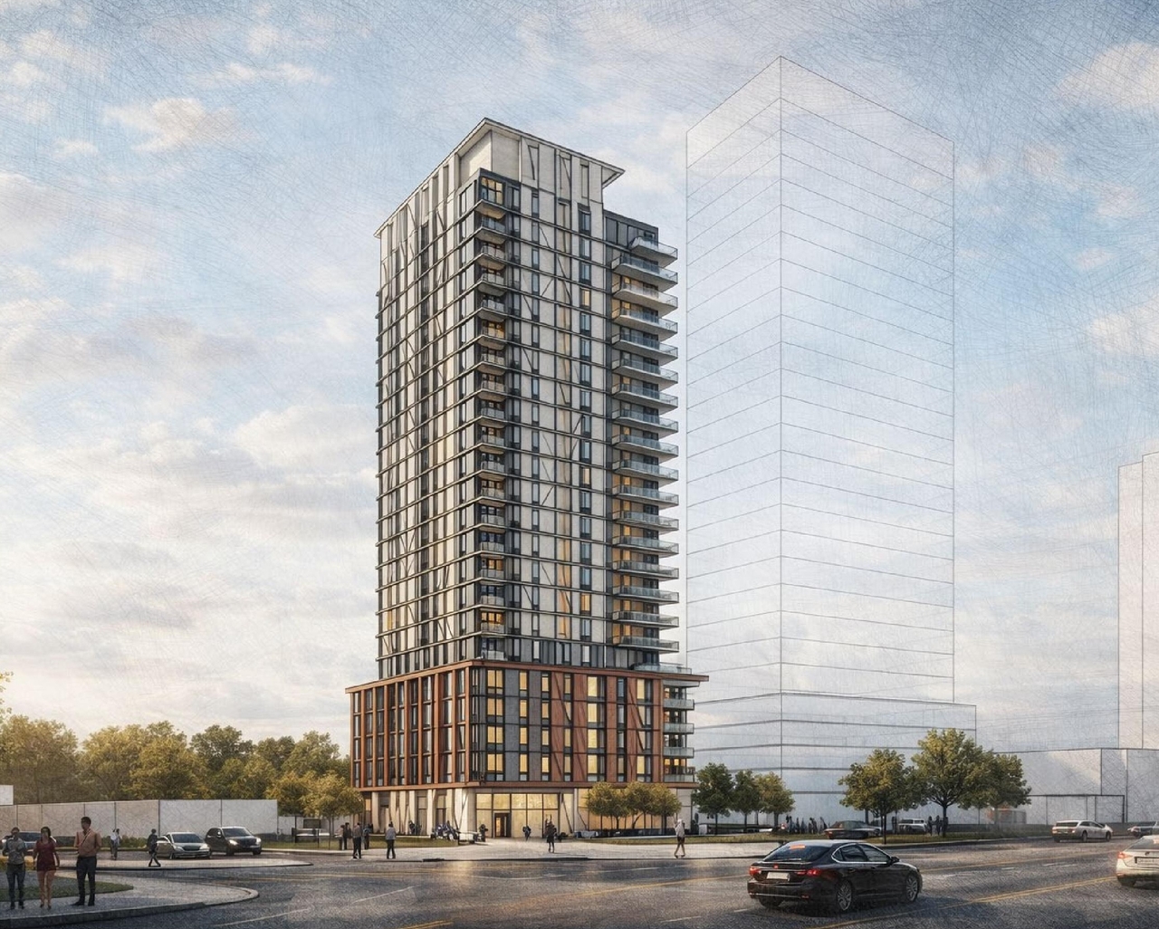 Rendering of building from page 6 of the file '2026-02-09 - Design Brief - D07-12-23-0019'