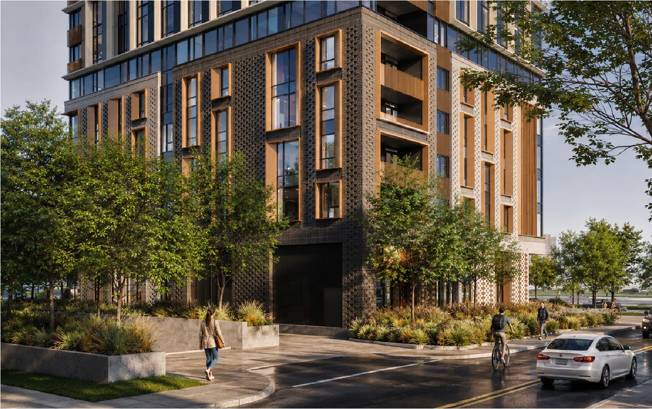 Rendering of building from page 5 of the file '2026-07-22 - Design Brief - D07-12-23-0019 & D02-02-26-0009'
