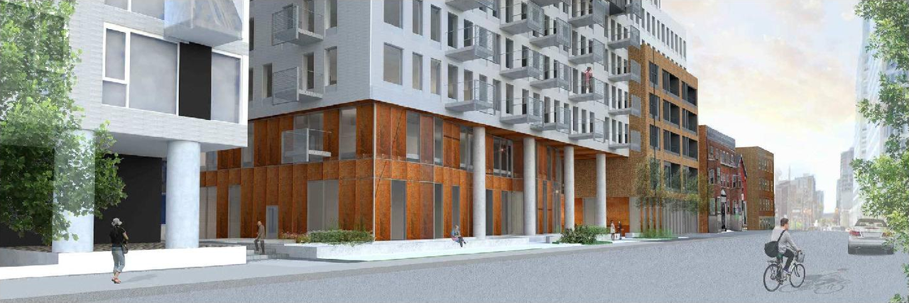 Rendering of building from page 49 of the file '2023-02-28 - Planning Rationale + Design Brief -D07-12-23-0021'