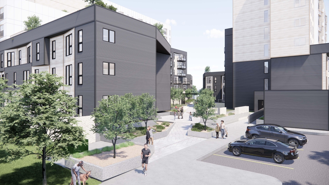 Rendering of building from page 13 of the file '2024-02-16 - Perspective Around the Area - D07-12-23-0023'