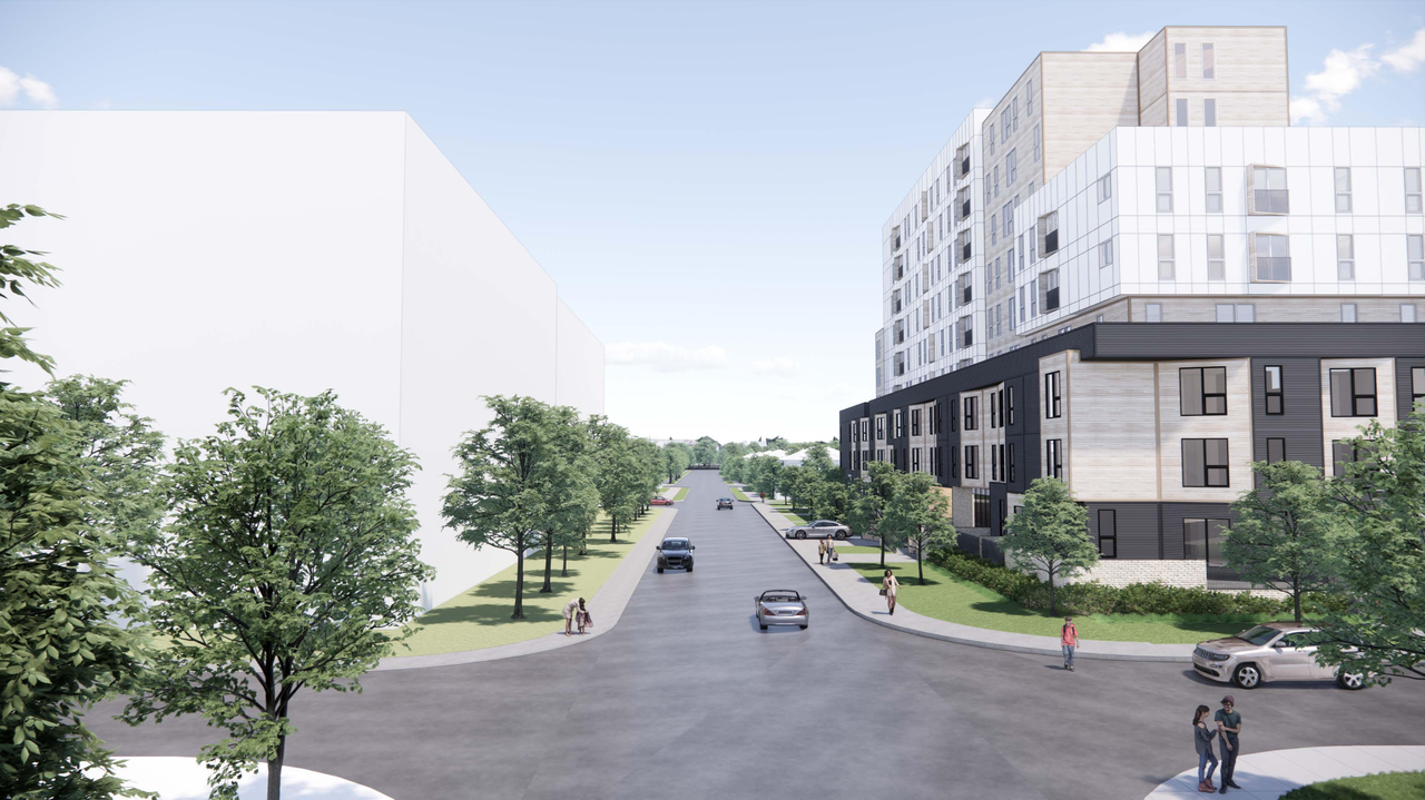 Rendering of building from page 3 of the file '2024-02-16 - Perspective Around the Area - D07-12-23-0023'