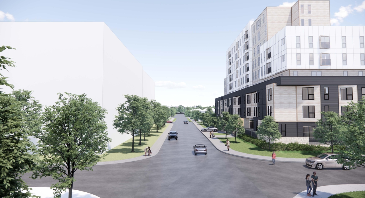 Rendering of building from page 3 of the file '2024-02-16 - Perspective Around the Area - D07-12-23-0023'