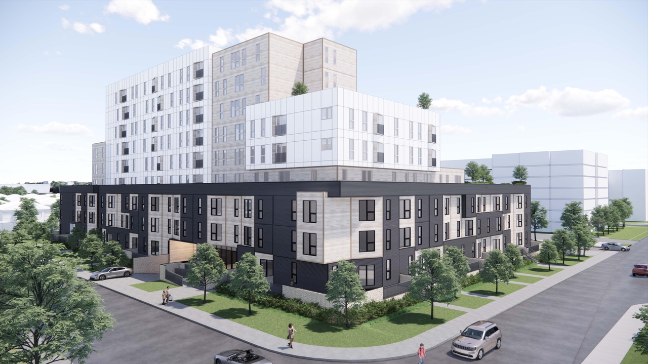 Rendering of building from page 4 of the file '2024-02-16 - Perspective Around the Area - D07-12-23-0023'