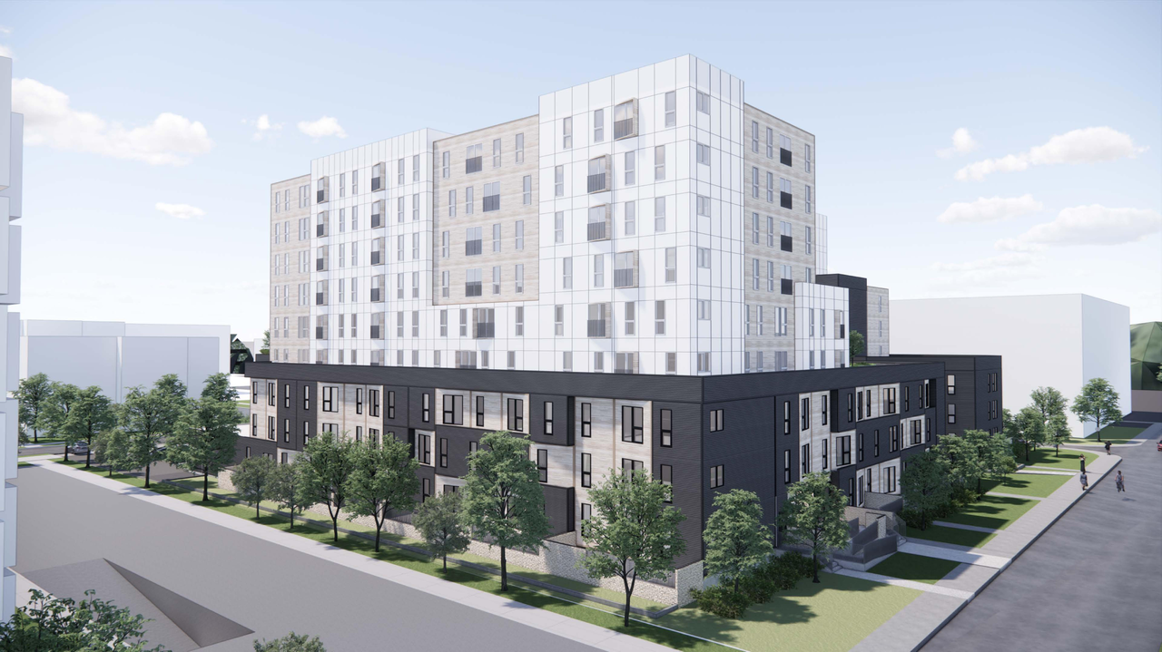 Rendering of building from page 5 of the file '2024-02-16 - Perspective Around the Area - D07-12-23-0023'