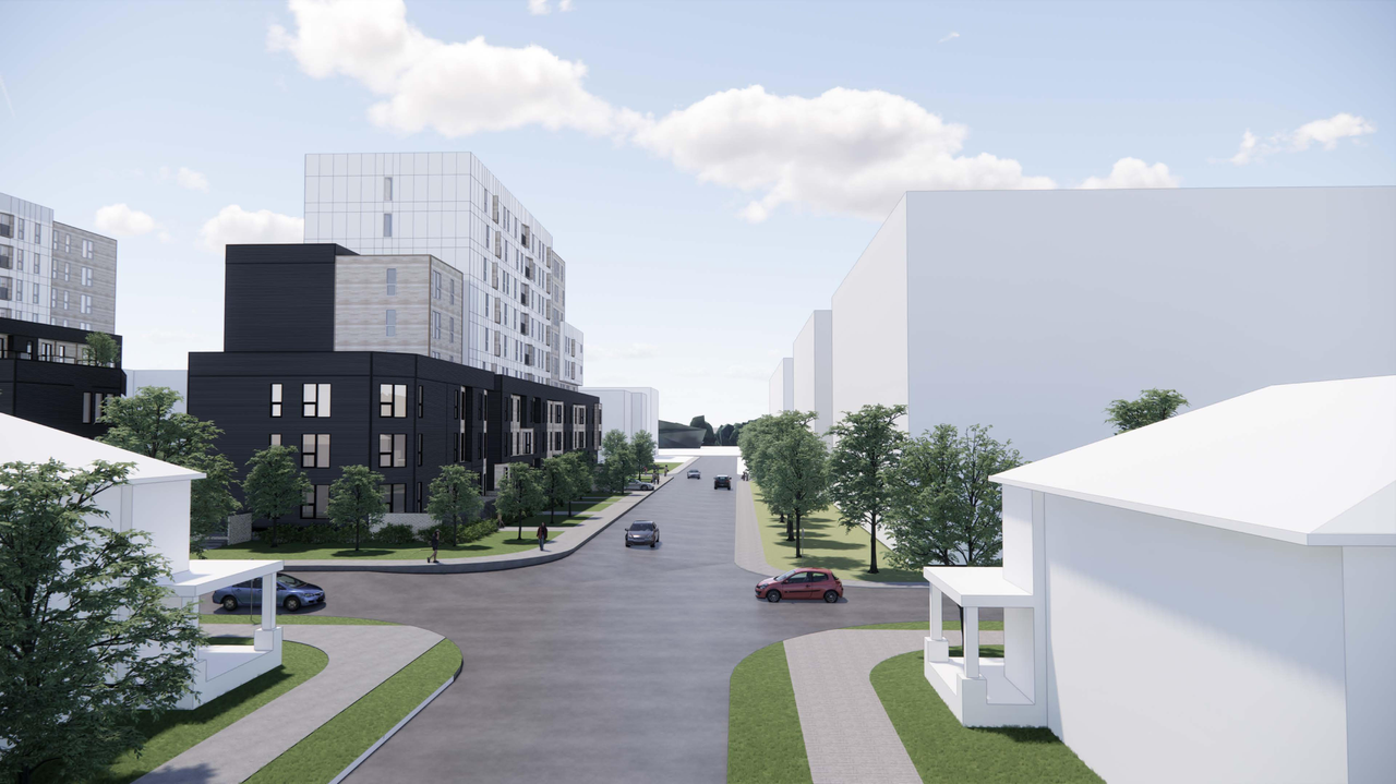 Rendering of building from page 6 of the file '2024-02-16 - Perspective Around the Area - D07-12-23-0023'