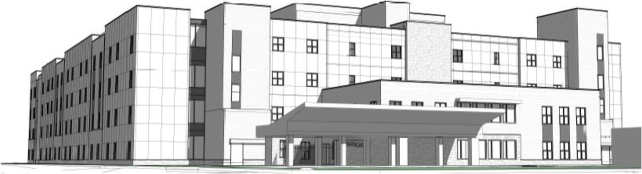 Rendering of building from page 1 of the file '2023-03-02 - Planning Rationale & Design Brief - D07-12-23-0025'