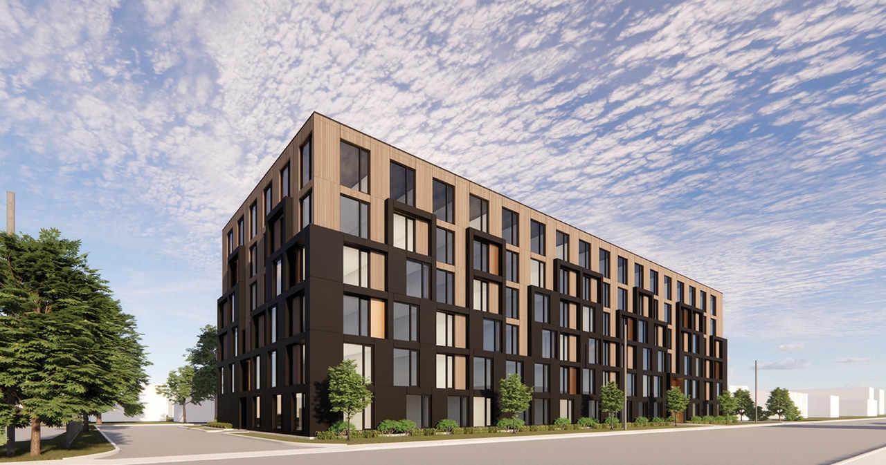 Rendering of building from page 5 of the file '2023-05-01 - Design Brief - D07-12-23-0044'