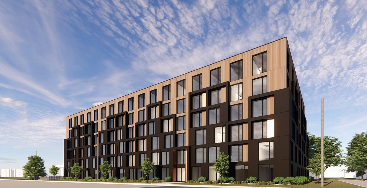 Rendering of building from page 6 of the file '2023-05-01 - Design Brief - D07-12-23-0044'