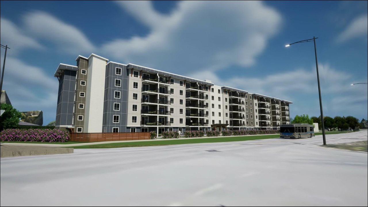 Rendering of building from page 1 of the file '2023-05-10 - SURROUNDING AREA PERSPECTIVE - D07-12-23-0047'