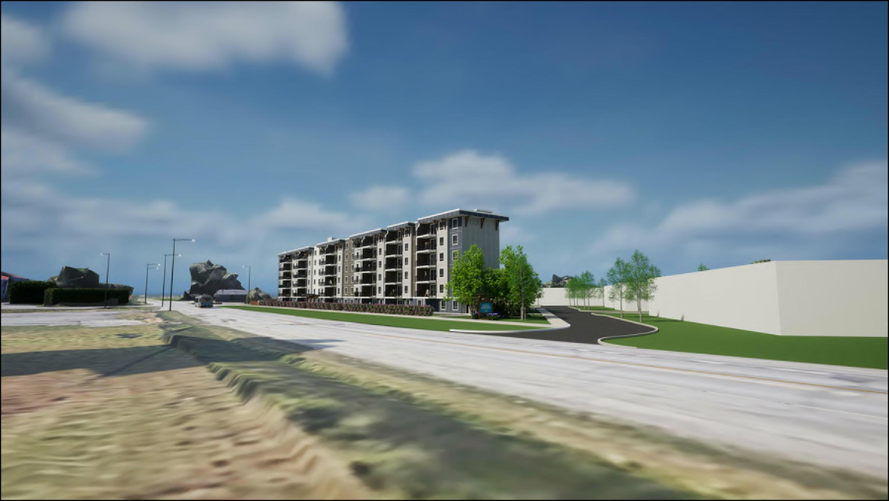 Rendering of building from page 1 of the file '2023-12-19 - SURROUNDING AREA PERSPECTIVE - D07-12-23-0047'