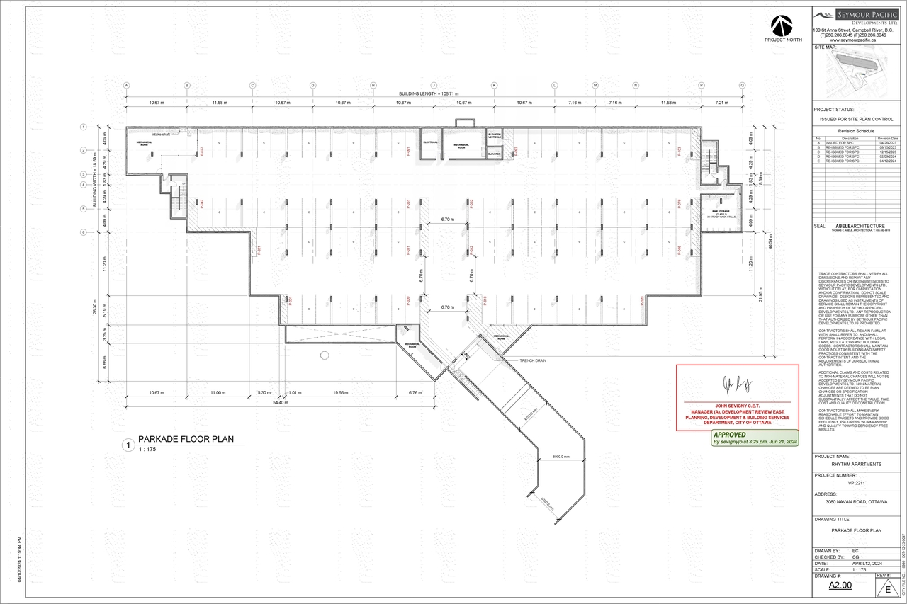 Floor plan for project from page 1 of the file '2024-06-24 - Approved Parkade Floor Plan - D07-12-23-0047'