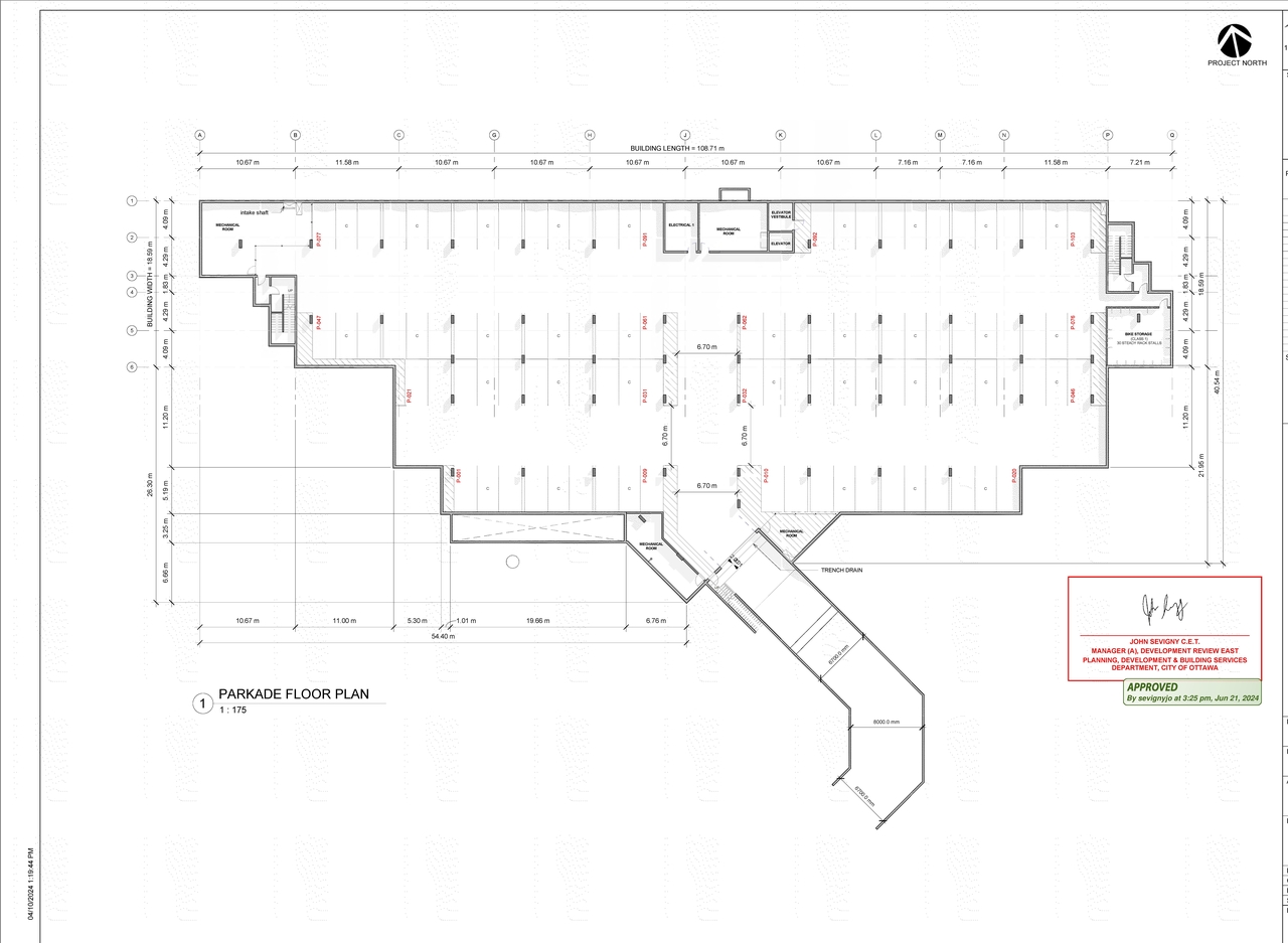 Construction site plan for project from page 1 of the file '2024-06-24 - Approved Parkade Floor Plan - D07-12-23-0047'