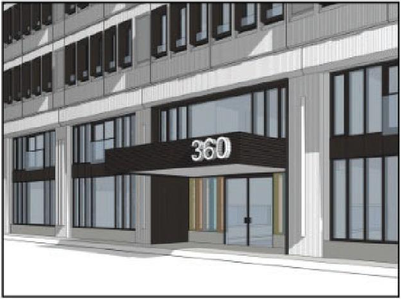 Rendering of building from page 15 of the file '2023-05-09 - Planning Rationale & Urban Design Brief - D07-12-23-0055'