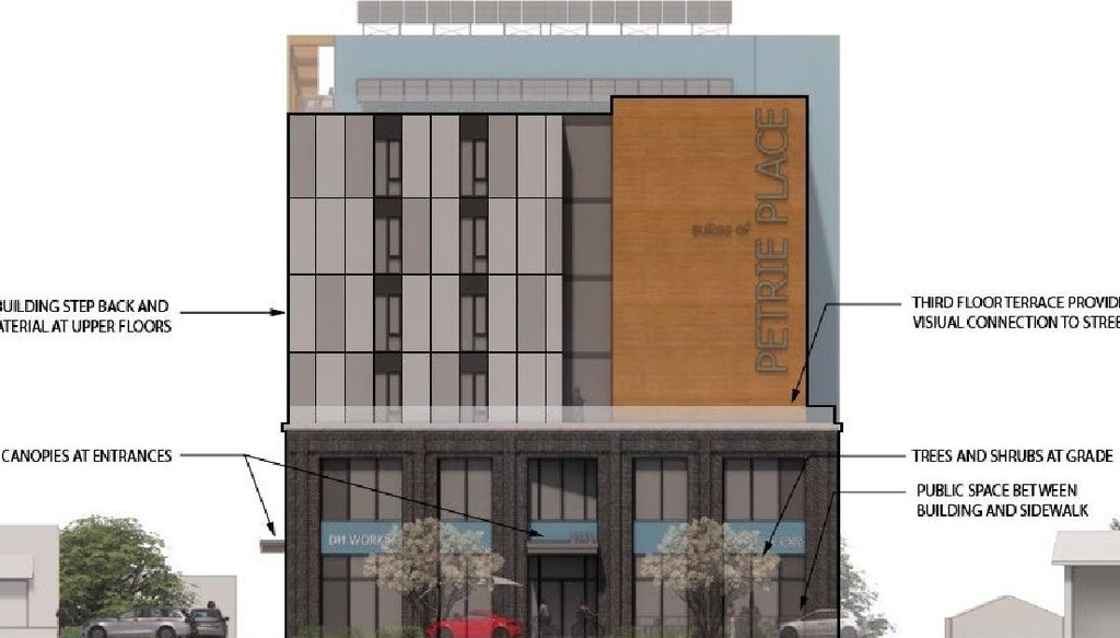 Rendering of building from page 11 of the file '2023-05-15 - Design Brief - D07-12-23-0059'