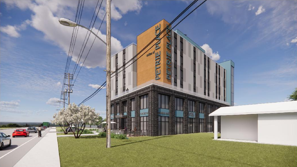 Rendering of building from page 6 of the file '2023-05-15 - Design Brief - D07-12-23-0059'