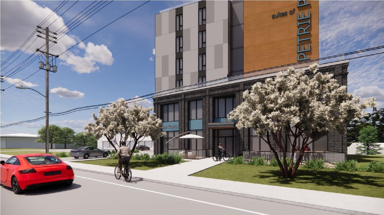 Rendering of building from page 7 of the file '2023-05-15 - Design Brief - D07-12-23-0059'