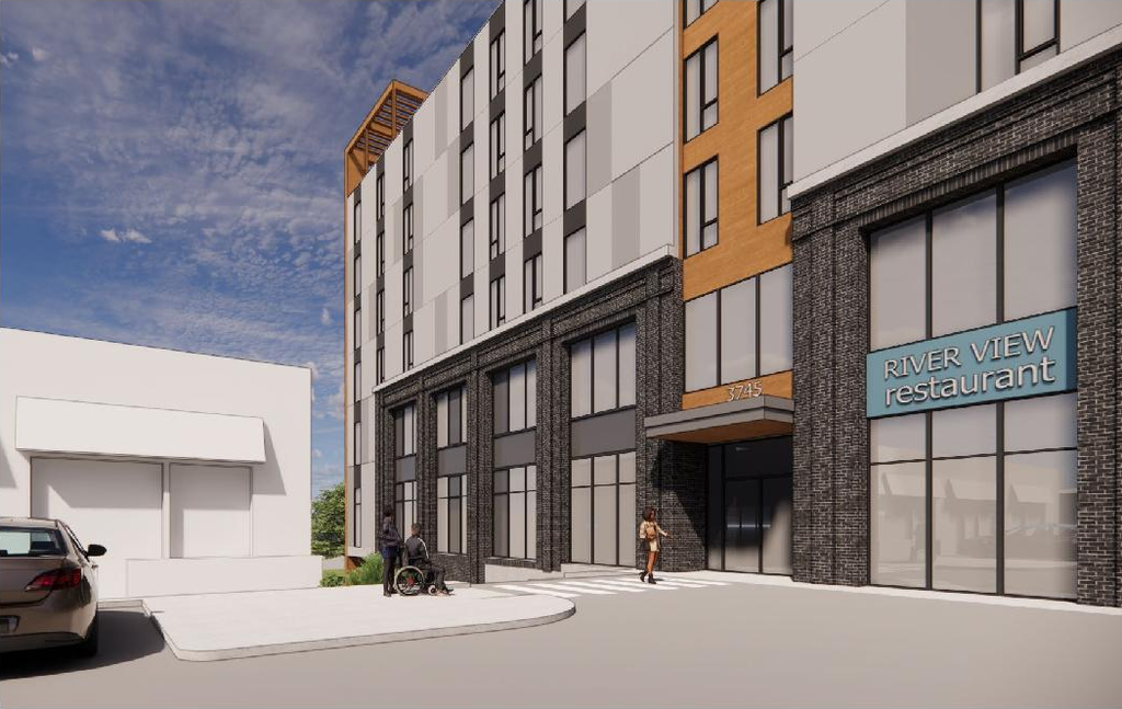 Rendering of building from page 8 of the file '2023-05-15 - Design Brief - D07-12-23-0059'
