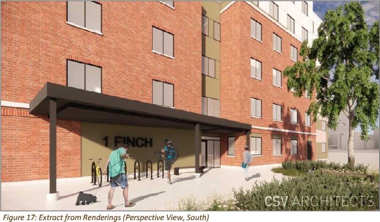 Rendering of building from page 19 of the file '2023-10-17 - Planning Rationale & Design Brief - D07-12-23-0063'