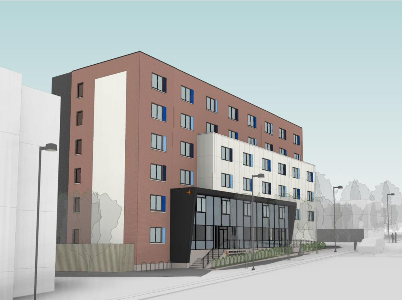 Rendering of building from page 1 of the file '2023-06-14 - Planning Rationale and Design Brief - D07-12-23-0078'