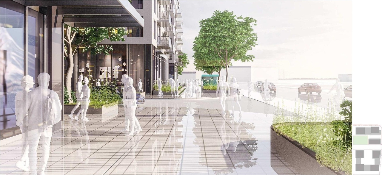 Rendering of building from page 92 of the file '2023-06-21 - Planning and Design Brief - D07-12-23-0079'