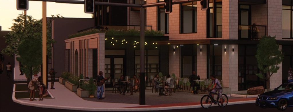 Rendering of building from page 10 of the file '2024-07-12 - Design Brief - D07-12-23-0084'