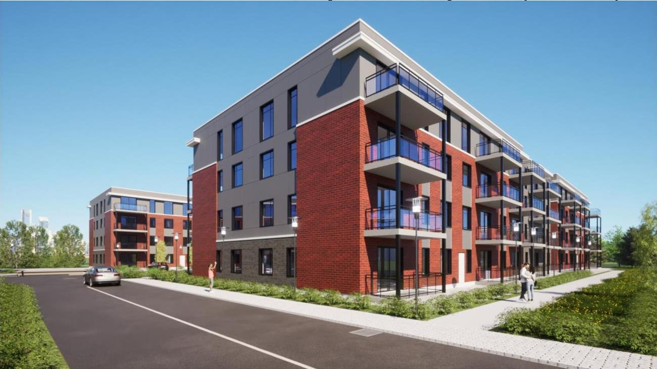 Rendering of building from page 15 of the file '2023-06-14 - Planning Rationale and Design Brief - D07-12-23-0085'