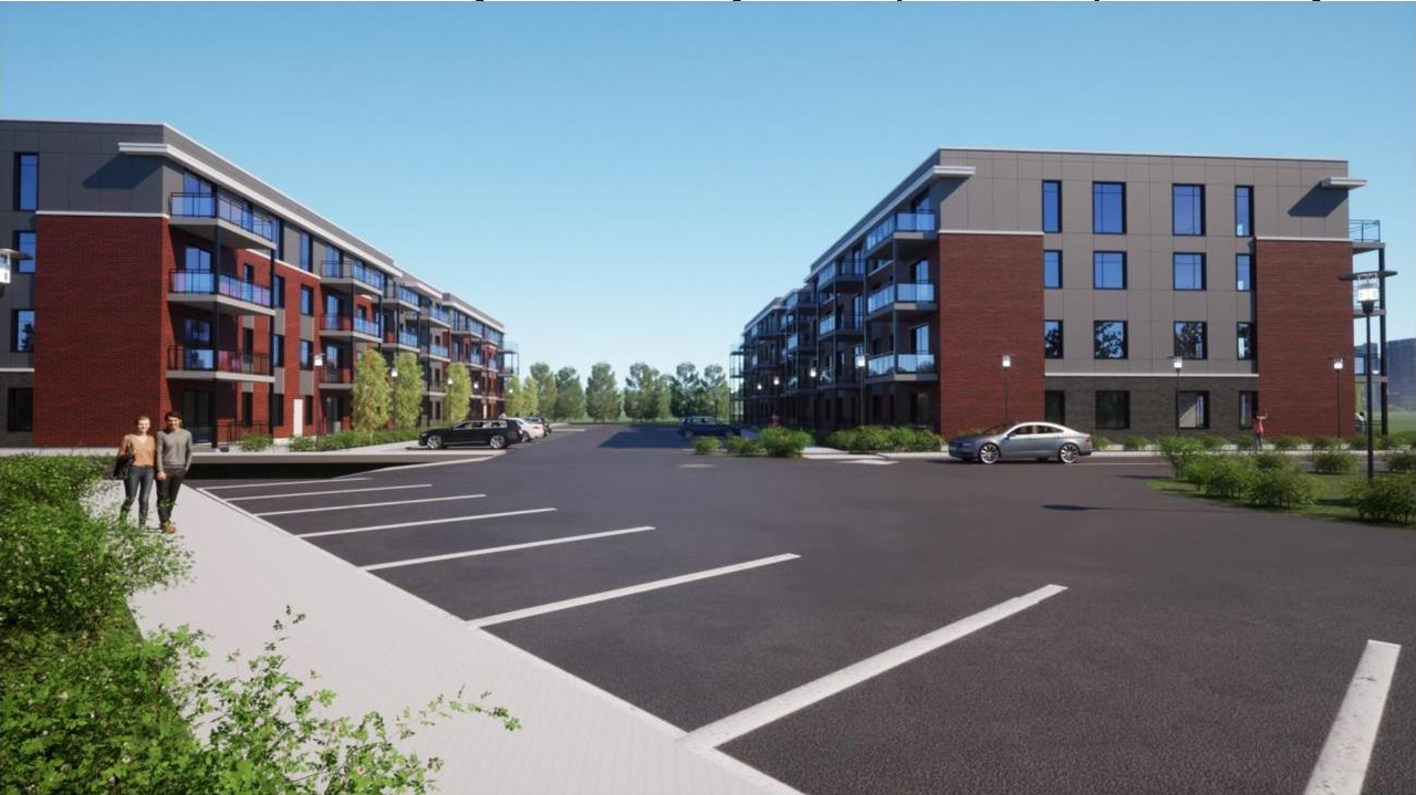 Rendering of building from page 31 of the file '2023-06-14 - Planning Rationale and Design Brief - D07-12-23-0085'