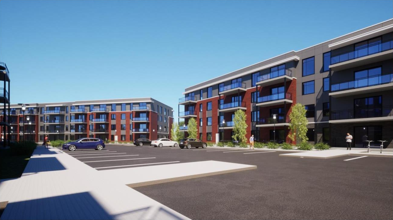 Rendering of building from page 32 of the file '2023-06-14 - Planning Rationale and Design Brief - D07-12-23-0085'