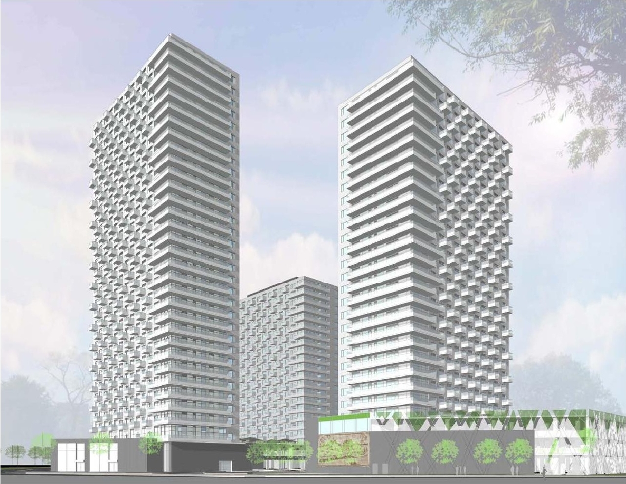 Rendering of building from page 28 of the file '2023-06-14 - Planning Rationale and Design Brief -D07-12-23-0087'