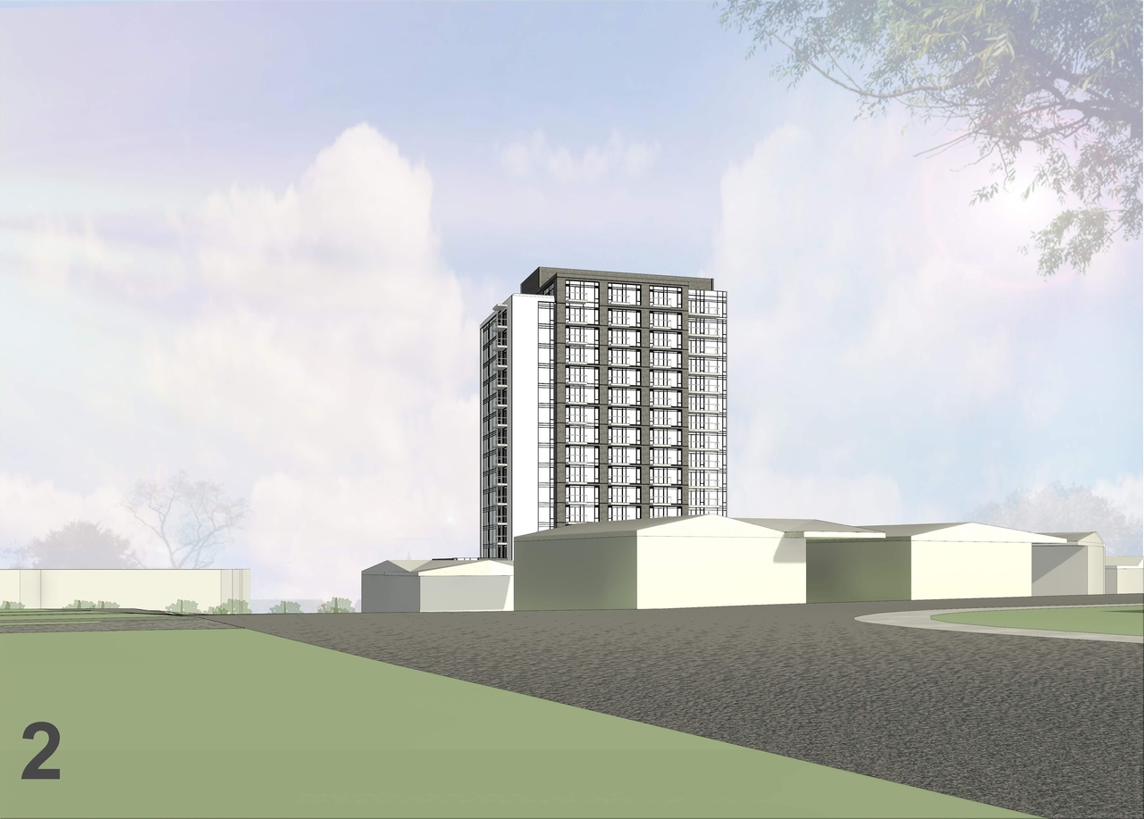 Rendering of building from page 11 of the file '2023-06-15 - Context, Site, Floor, Elevation, Sections, 3D Views, Sunshade, Plans - D07-12-23-009'