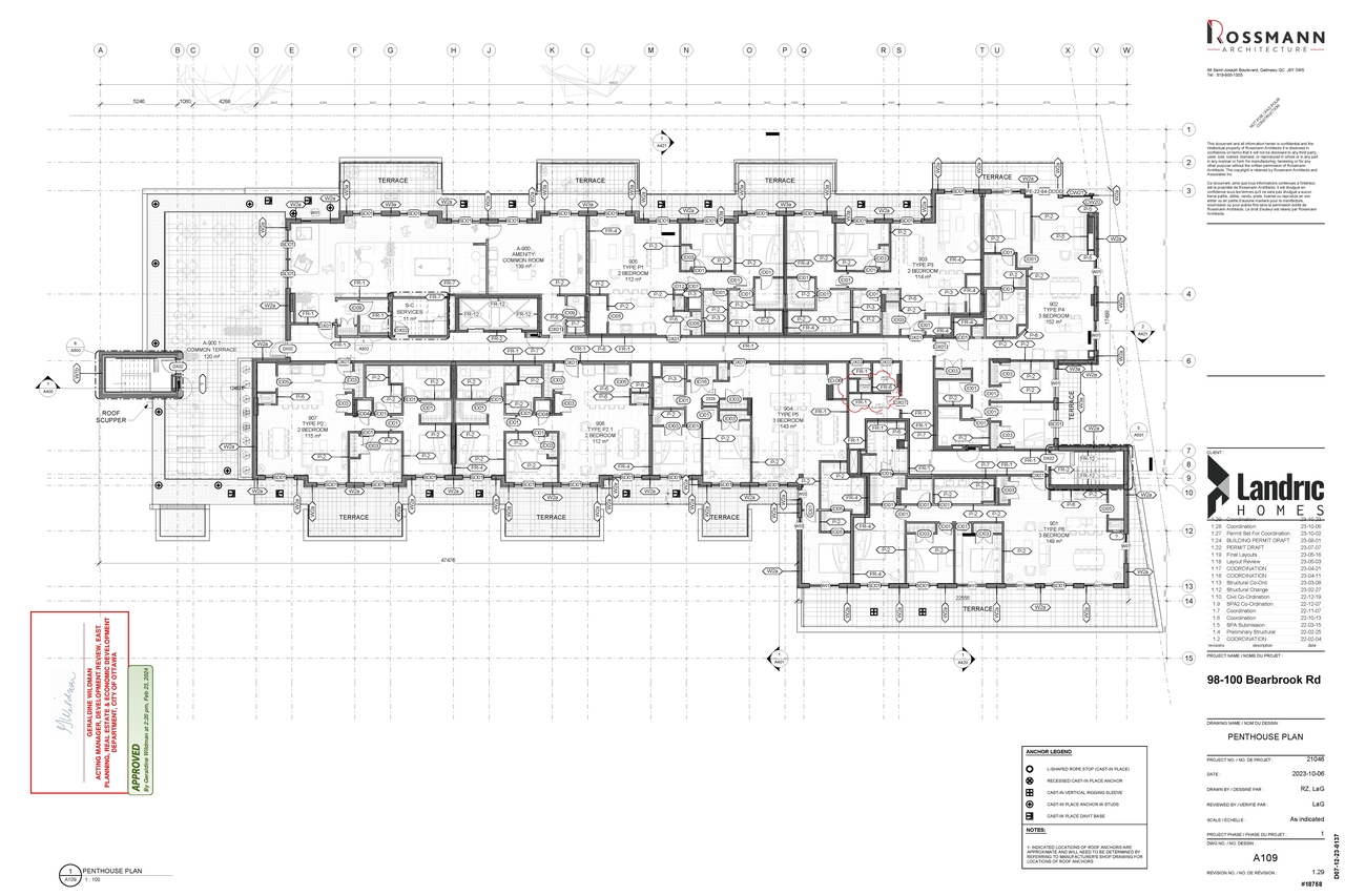 Construction site plan for project from page 1 of the file '2024-02-26 - Approved Floor Plans Penthouse - D07-12-23-0137'