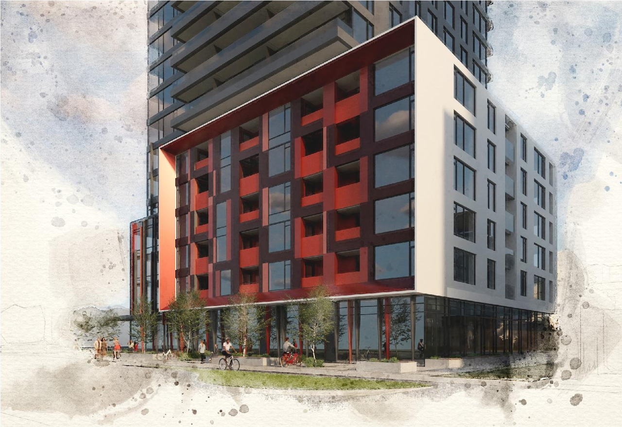 Rendering of building from page 19 of the file '2024-08-02 - Design Brief - D07-12-24-0072'