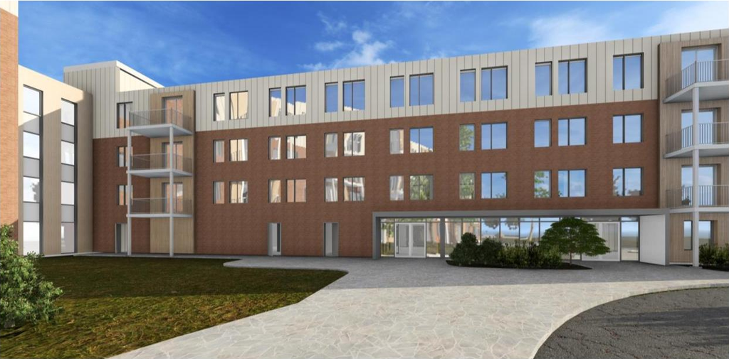 Rendering of building from page 8 of the file '2026-08-10 - APPROVED Urban Design Brief - D07-12-24-0086'