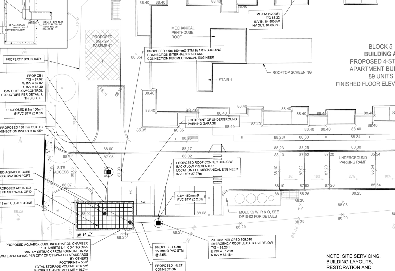 Construction site plan for project from page 2 of the file '2024-10-31 - Infiltration Facility Design Drawings - D07-12-24-0090'