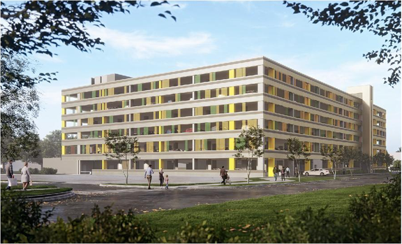 Rendering of building from page 17 of the file '2024-10-09 - Urban Design Brief - D07-12-24-0121'