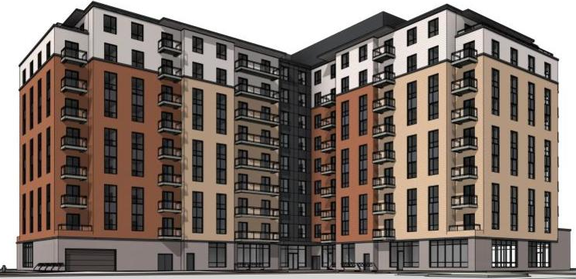 Rendering of building from page 21 of the file '2025-05-12 - Urban Design Brief - D07-12-24-0169'