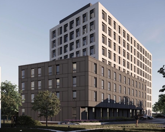 Rendering of building from page 38 of the file '2025-05-27 - Urban Design Brief - D07-12-25-0071'