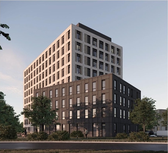 Rendering of building from page 38 of the file '2025-05-27 - Urban Design Brief - D07-12-25-0071'