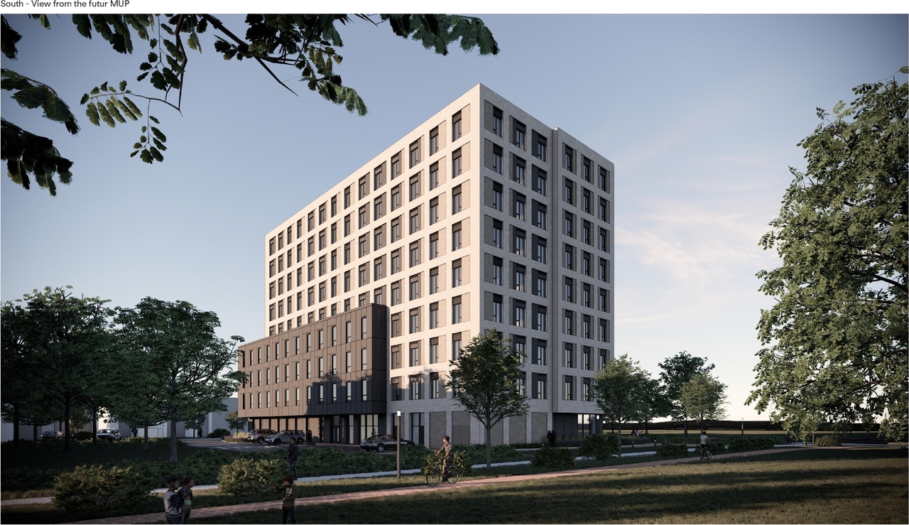 Rendering of building from page 5 of the file '2025-05-27 - Urban Design Brief - D07-12-25-0071'