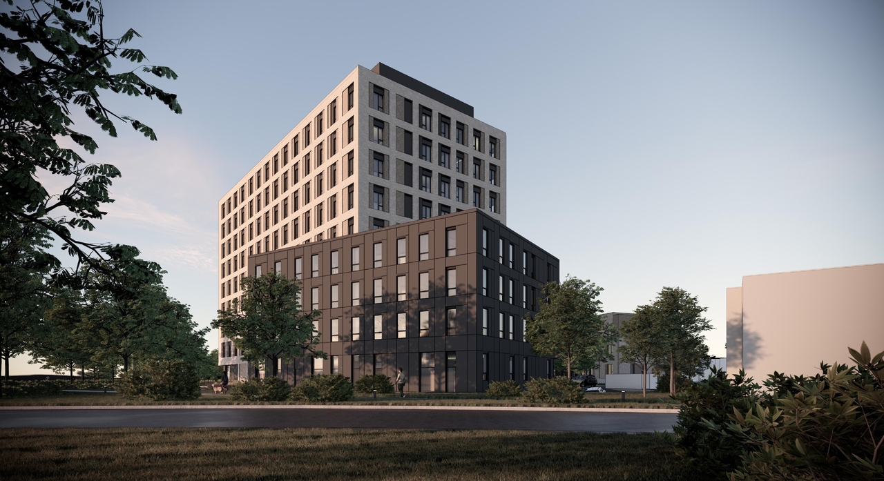 Rendering of building from page 8 of the file '2025-05-27 - Urban Design Brief - D07-12-25-0071'