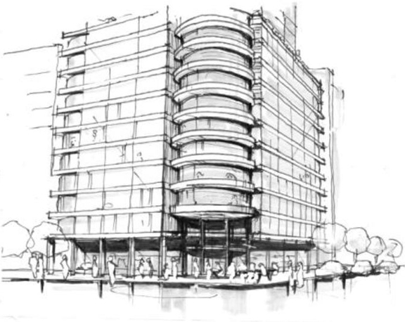 Rendering of building from page 27 of the file '2025-08-06 - Urban Design Review Panel Report - D07-12-25-0112'