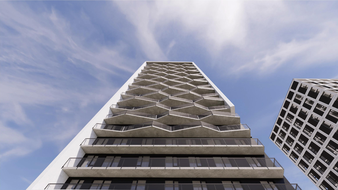 Rendering of building from page 43 of the file '2025-09-02 - Urban Design Review Panel Report - D07-12-25-0121'
