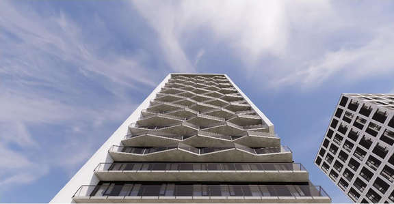 Rendering of building from page 32 of the file '2025-09-02 - Design Brief - D07-12-25-0121'