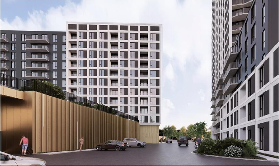 Rendering of building from page 32 of the file '2025-09-02 - Design Brief - D07-12-25-0121'