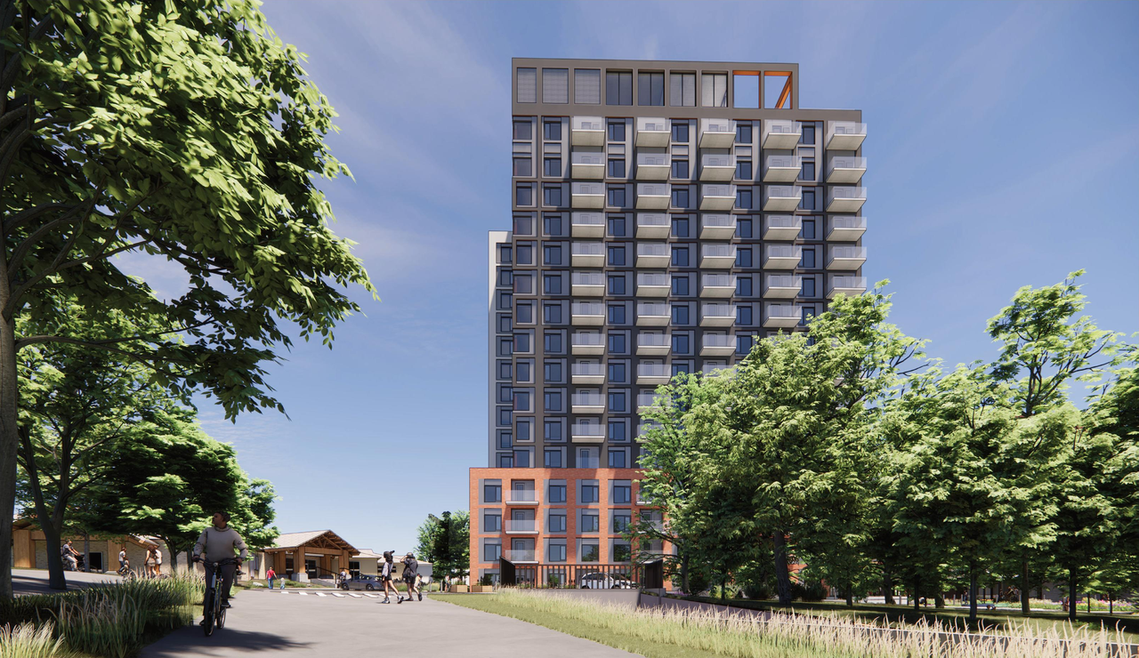 Rendering of building from page 41 of the file '2025-11-26 - Design Brief - D07-12-25-0149'