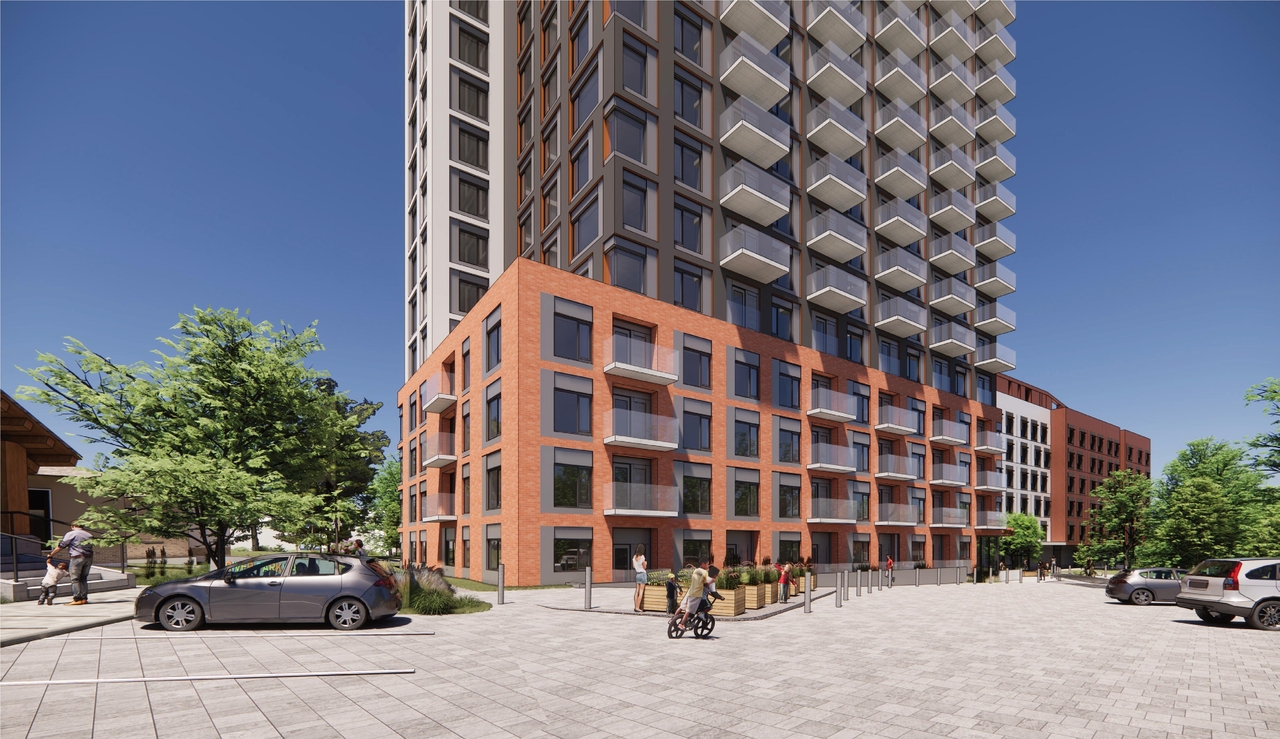 Rendering of building from page 42 of the file '2025-11-26 - Design Brief - D07-12-25-0149'