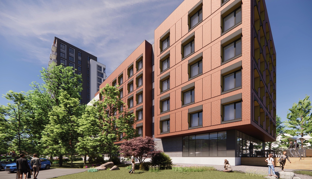 Rendering of building from page 46 of the file '2025-11-26 - Design Brief - D07-12-25-0149'