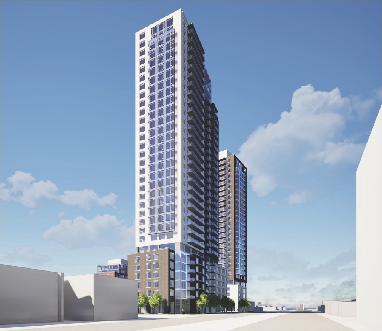 Rendering of building from page 1 of the file '2026-02-10 - Urban Design Brief - D07-12-26-0013 & D02-02-26-0011'