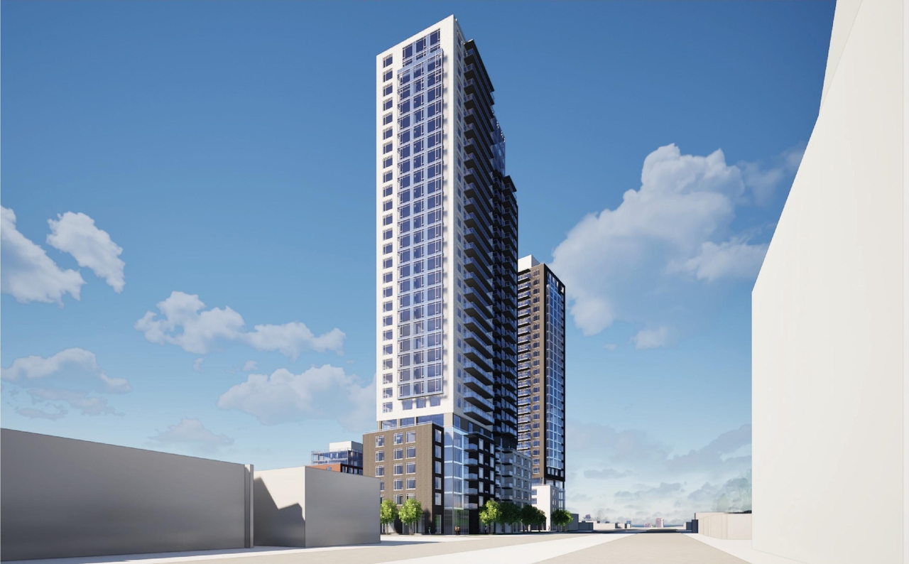 Rendering of building from page 34 of the file '2026-02-10 - Urban Design Brief - D07-12-26-0013 & D02-02-26-0011'